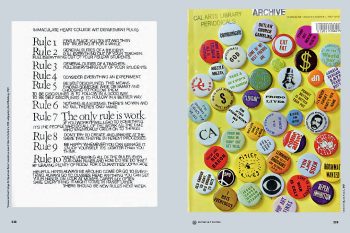 Earthquakes, Mudslides, Fires & Riots: California and Graphic Design, 1936–1986 (EMFR), showing Sister Corita Kent’s “rules” and CA magazine, 1967
