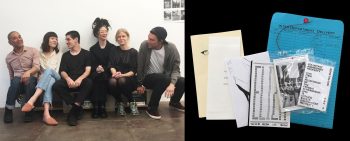 from left: Henri Lucas, Jessica Tan, Jon Gacnik, Johanna Hedva, Gail Swanlund, Brian Roettinger
right: Closeup of 9th Reader collection, photo credit: Folder Studio

