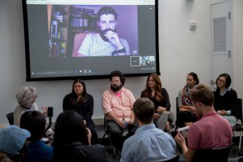 360 panelists (L to R): Louise Sandhaus, Graphic Design faculty; Jamie van Wart, Blind, CalArts alum;  Joshua Walton, Creative Director of Microsoft HoloLens; Kimberly Cooper, Co Founder & CEO of Prologue Immersive; Kat Catmur, CalArts alum; Jessica Lee, CalArts alum; Aaron Bradbury (on screen), VFX supervisor at National Space Centre Creative.
